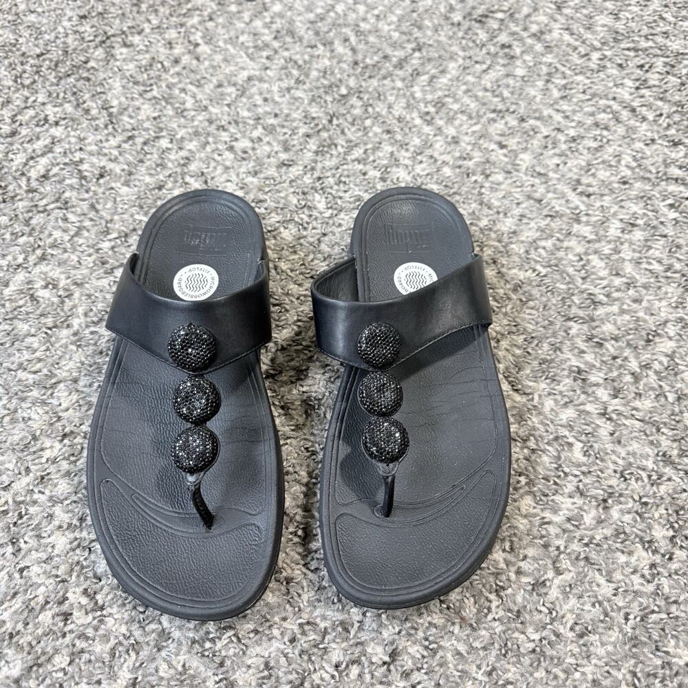 Fitflop Sandals Petra Sugar Jewel Embellished Toe Post Thong Size 7 Black Wedge